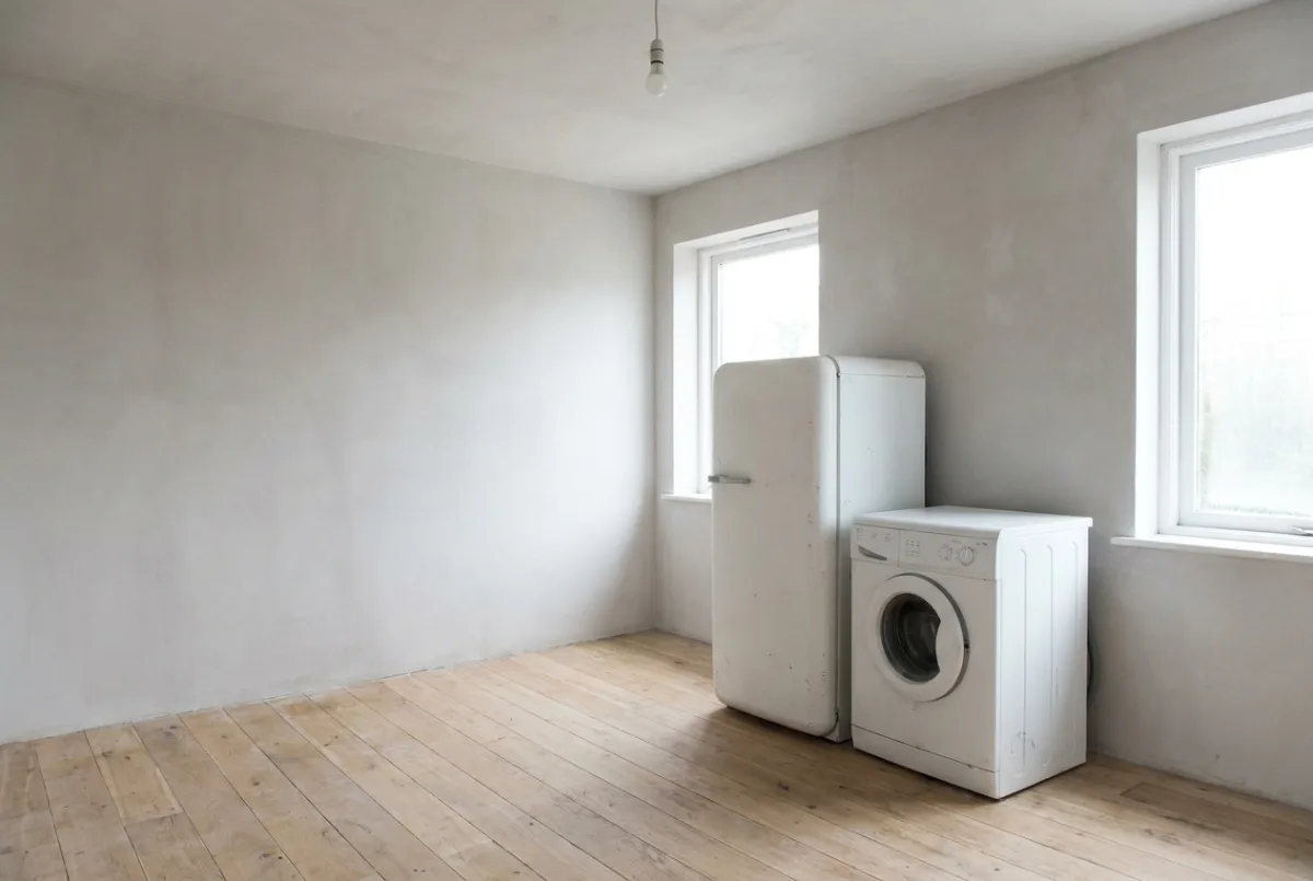 An old refrigerator and washing machine standing in an empty room with bare walls.