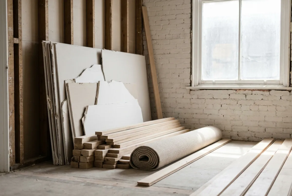 Stacked drywall offcuts, timber and a rolled carpet in a room being renovated.