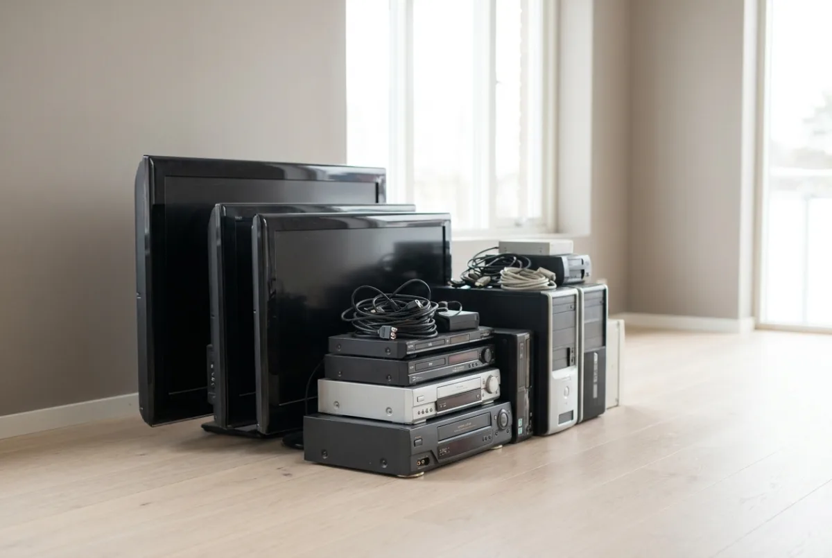 Old flat-screen televisions and obsolete electronics gathered on the floor of an empty room.