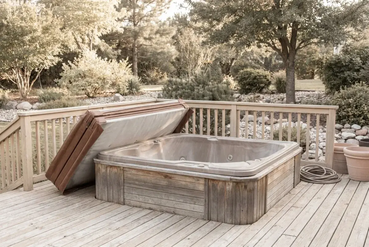 An old outdoor hot tub with its cover propped open on a wooden deck.