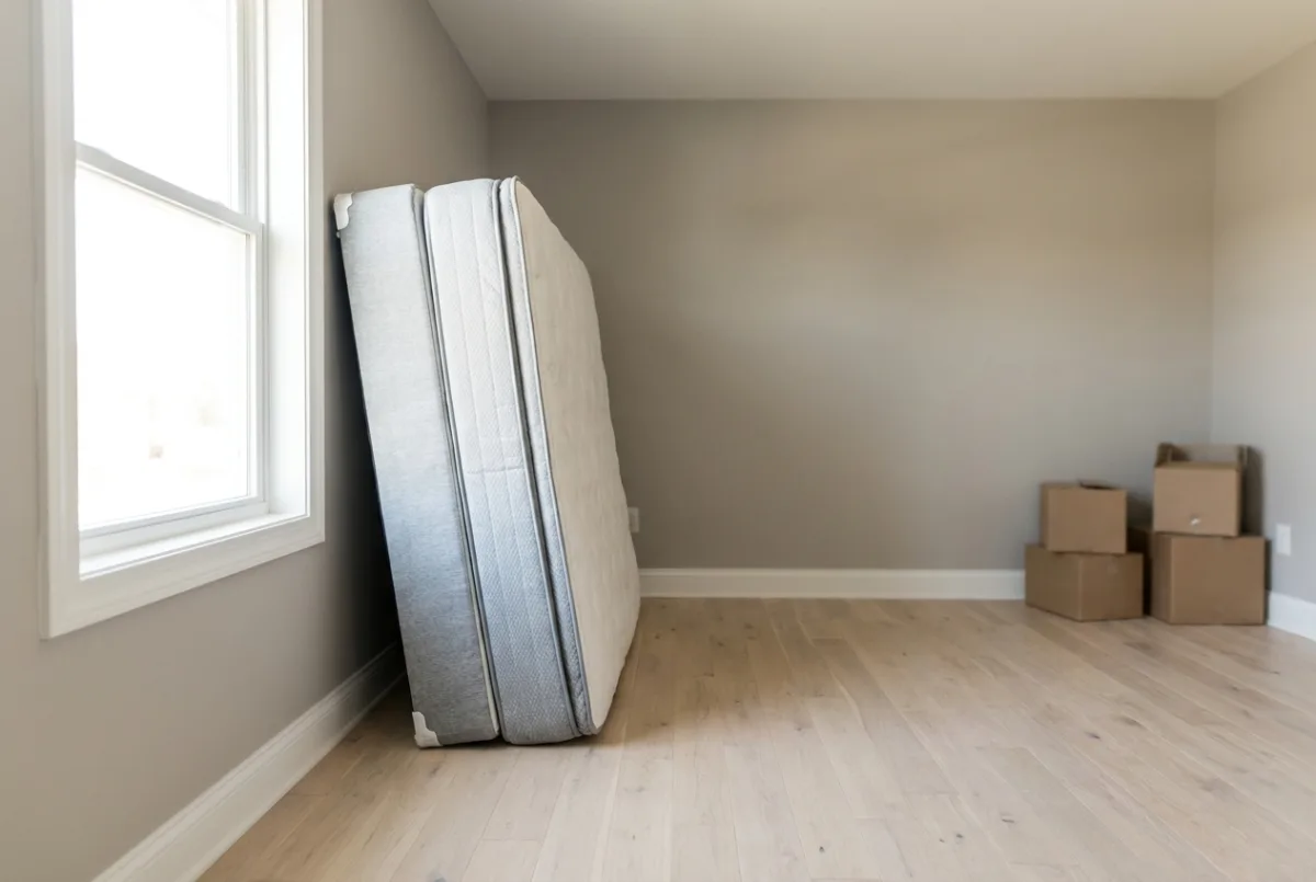 A bare mattress and box spring leaning against the wall of an empty bedroom, with moving boxes in the corner.