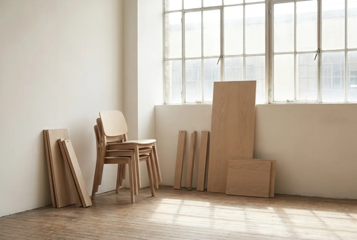 Stacked chairs and a disassembled desk against the wall of an emptied office.