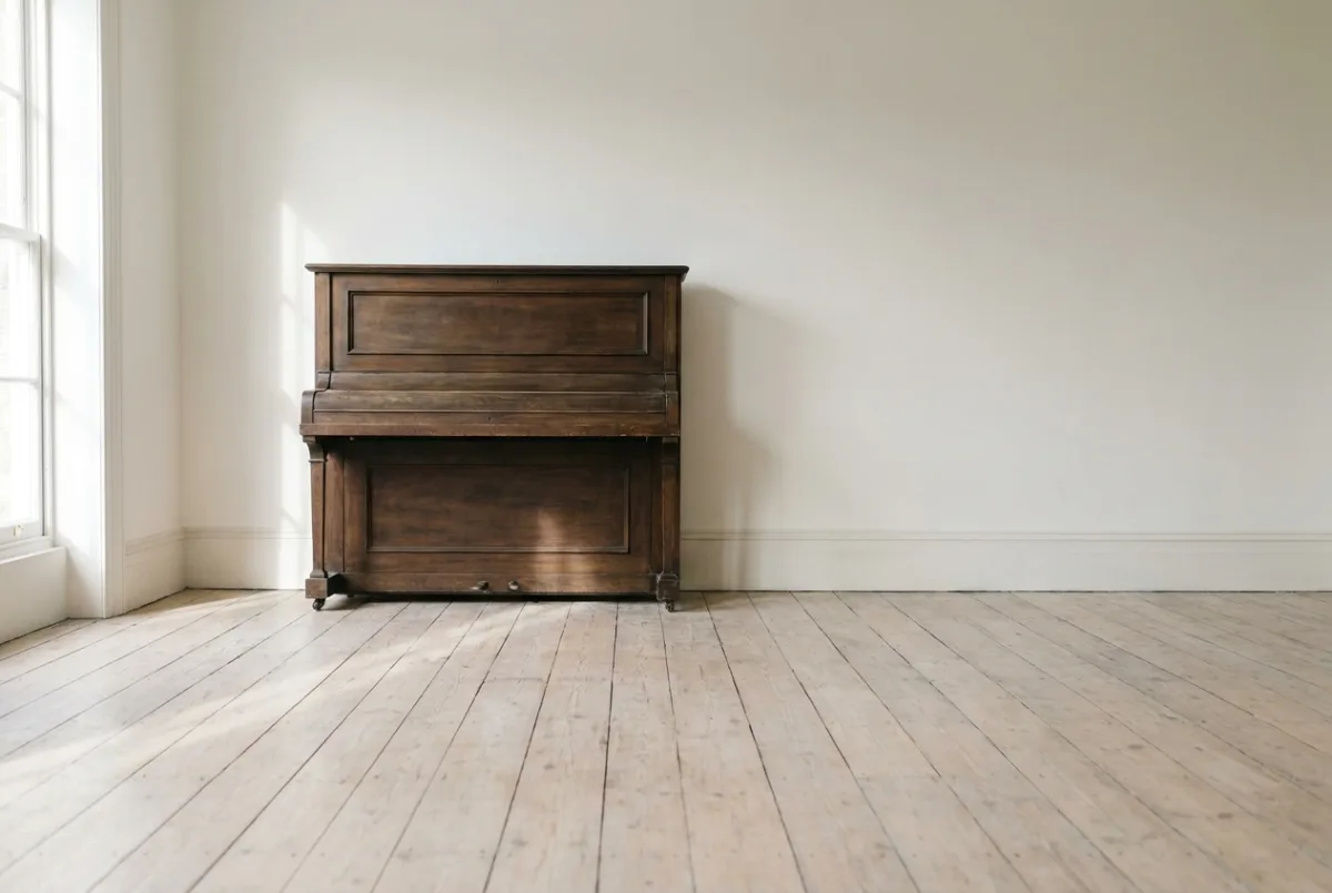 An upright piano standing alone against the wall of an empty room with bare floorboards.