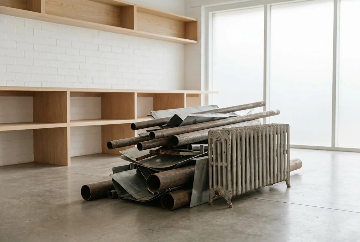 A pile of scrap metal — pipes, sheet offcuts and a cast-iron radiator — on a concrete floor.
