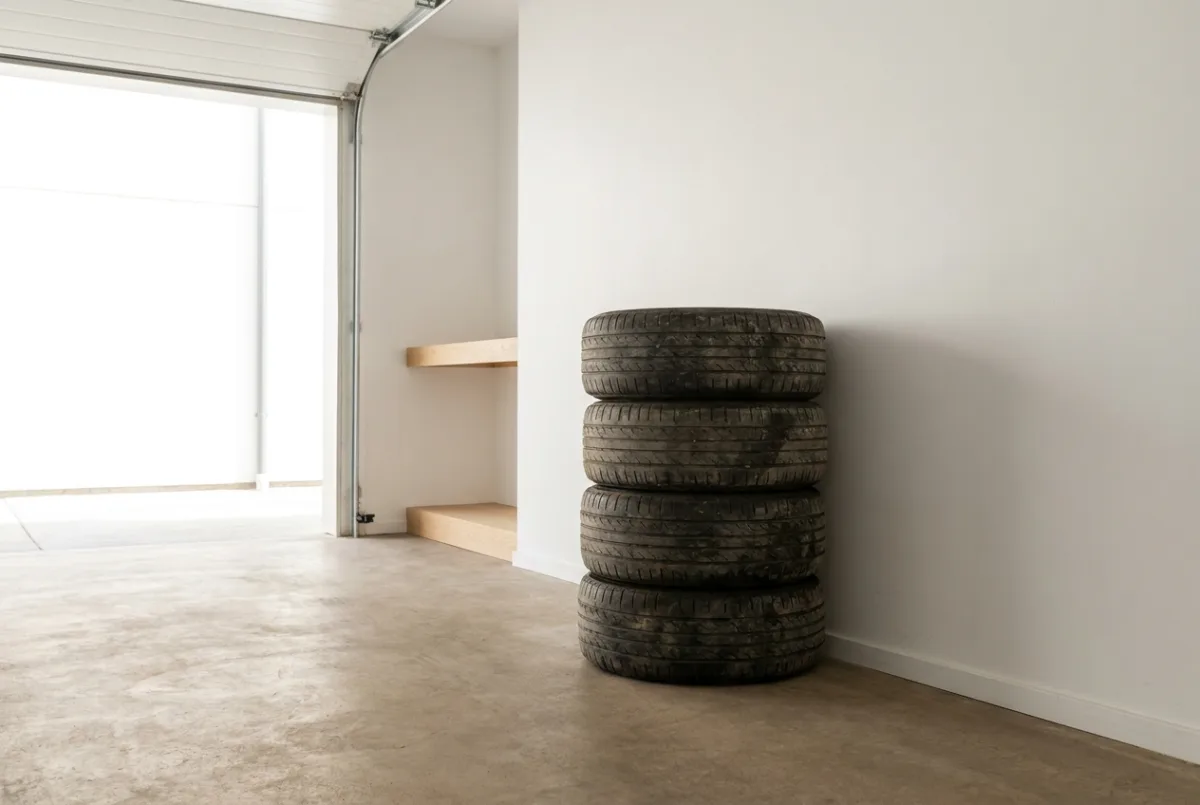 Four worn car tires stacked against the wall of a clean, empty garage.