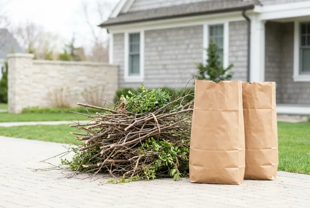 A pile of pruned branches and two paper yard-waste bags on a driveway.